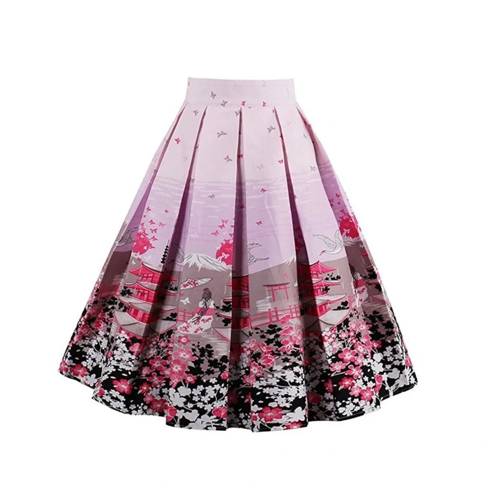 Pink Chinoiserie Pagoda Floral Blush Pink Pleated Flared Midi Skirt - XS - Picture 1 of 12
